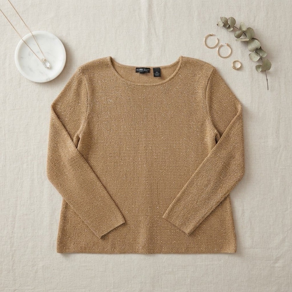 Jeanne Pierre Metallic Sweater Womens M Gold Shimmer Knit Wool Blend Holiday
